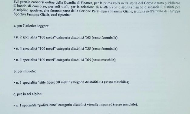 GDF: PROCEDURA DI SELEZIONE ATLETI SEZIONE PARALIMPICA