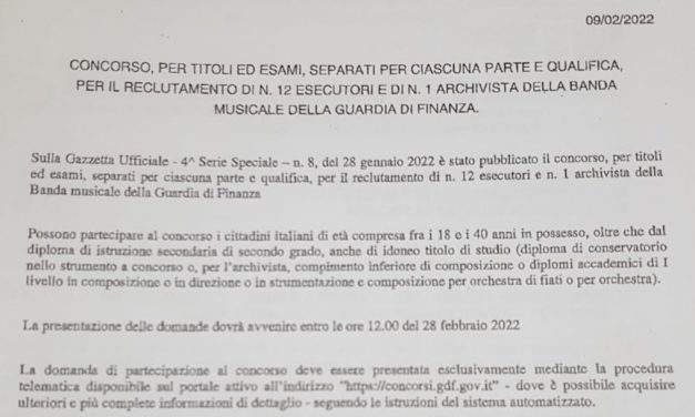 Concorsi, per titoli ed esami, separati per ciascuna parte e qualifica, per il reclutamento di n. 12 esecutori ed n. 1 archivista della Banda musicale della Guardia di finanza.